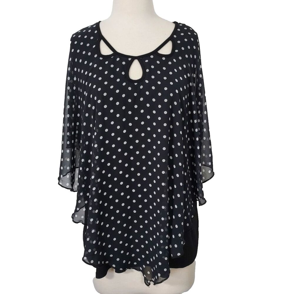 Adele & May Women 2X Sleeveless Blouse Black White Polka Dot Poncho Overlay Top